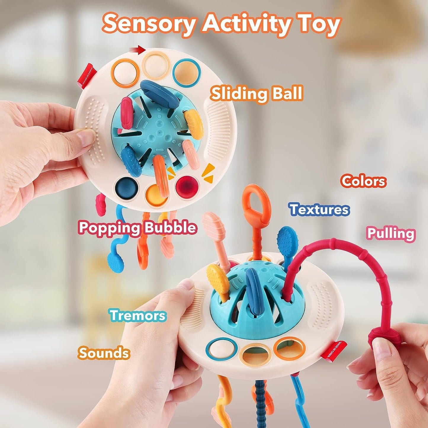 Kidology Pull String Teething Toy for Babies 6+ Months | Sensory Teether & Fine Motor Skills Activity | Montessori Toys for Baby Girls & Boys | Travel-Friendly, Food-Grade Silicone for Toddlers | UFO