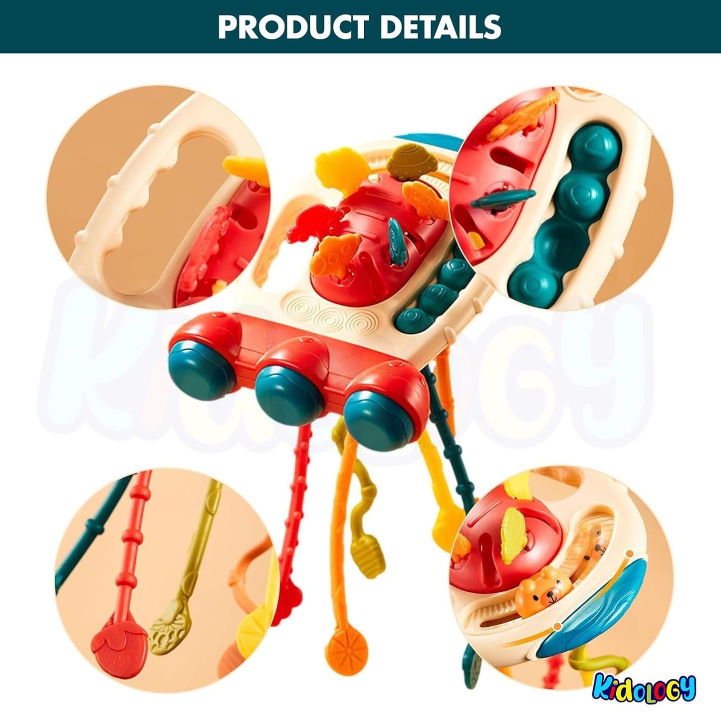 Kidology Pull String Teething Toy for Babies 6+ Months | Sensory Teether & Fine Motor Skills Activity | Montessori Toys for Baby Girls & Boys | Travel-Friendly, Food-Grade Silicone for Toddlers | UFO