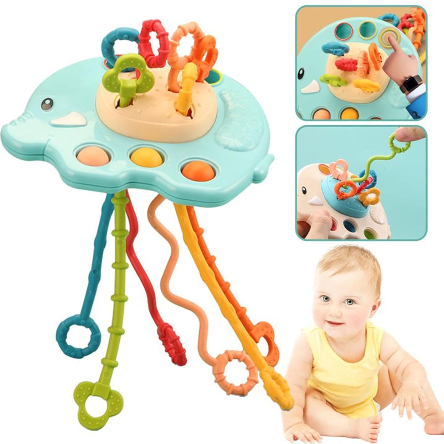 Kidology Pull String Teething Toy for Babies 6+ Months | Sensory Teether & Fine Motor Skills Activity | Montessori Toys for Baby Girls & Boys | Travel-Friendly, Food-Grade Silicone for Toddlers | UFO