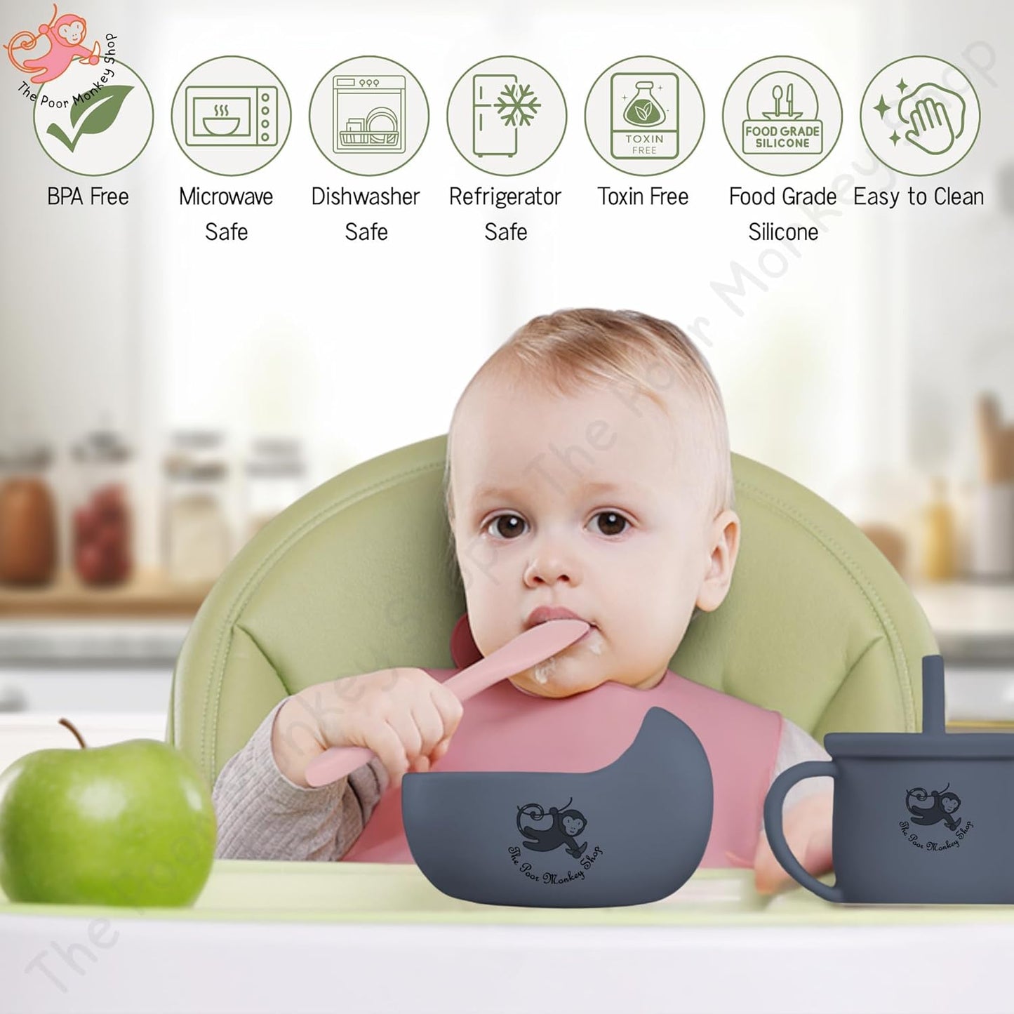 Poor-Monkey-Shop 15 Pc Baby Feeding Set | BPA-Free Food-Grade Silicone | Bib, Whale Shaped Suction Plate, Suction Bowl, Forks & Spoons, Cup, Fruit Feeder, and Much More | Safe for Babies & Toddlers