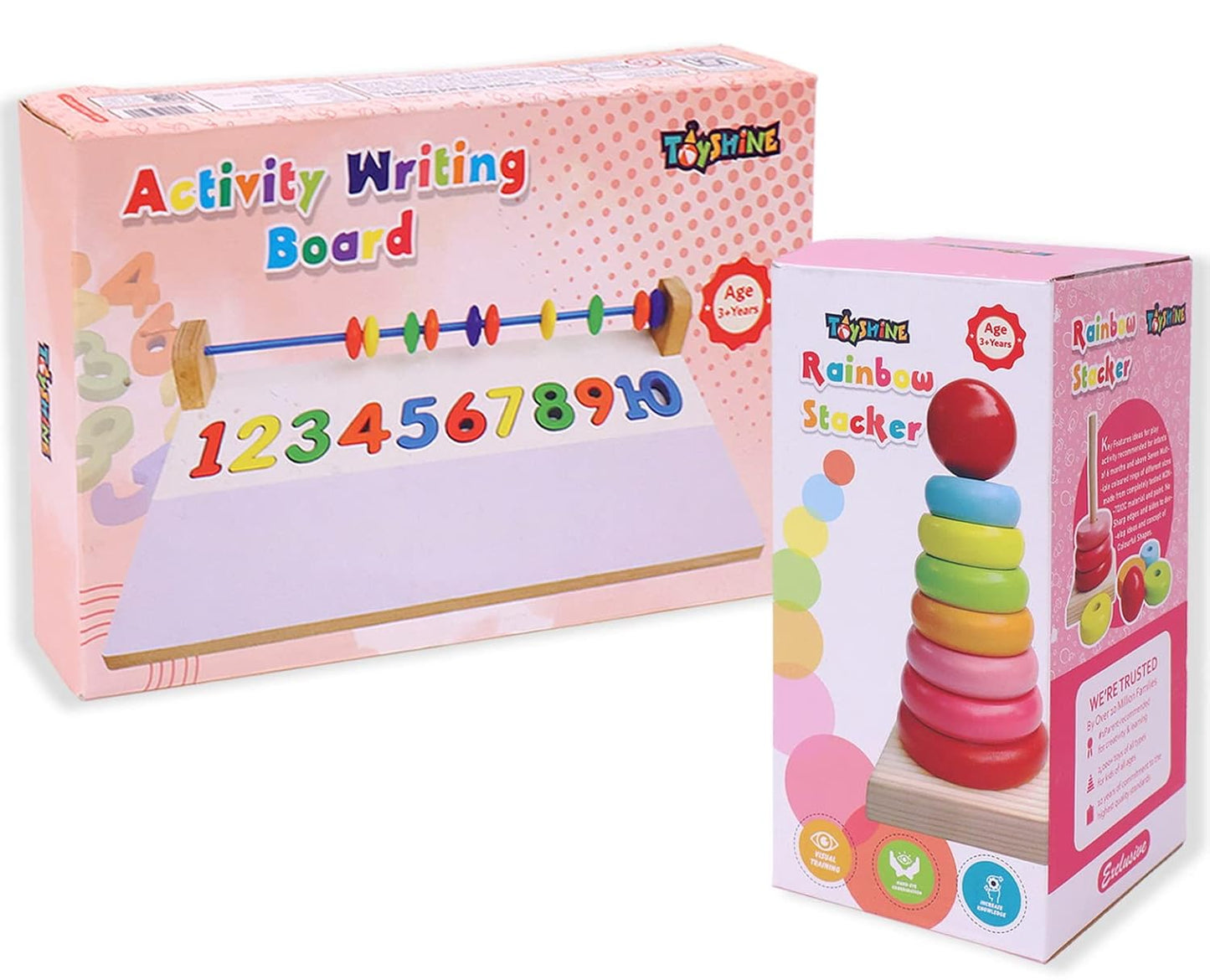 Toyshine Pack of 2 Wooden Monstessori Box | Rainbow Ring Stacker and Writing Board | Gift Present for 2-5 Years Boy Girl Toddler Toy