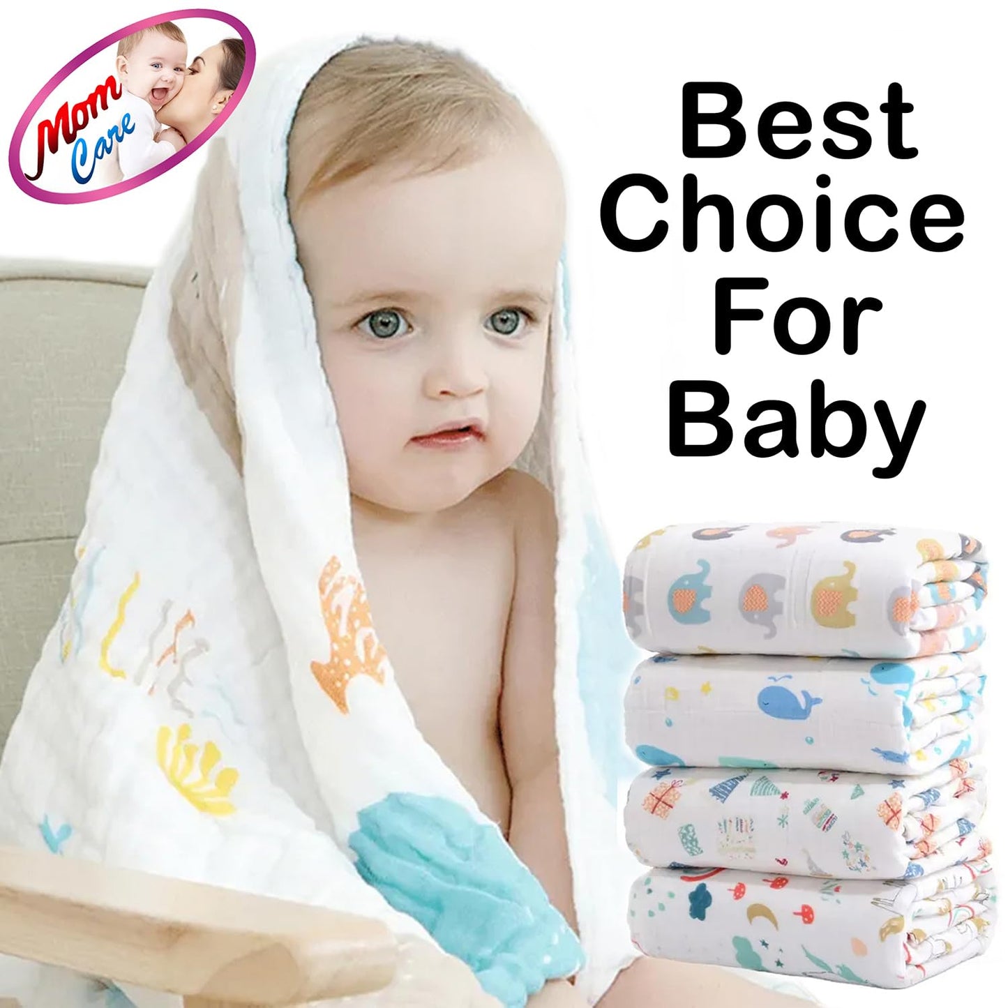 MOM CARE Muslin Cotton Face Towels For Newborn Baby Extra Soft Hankies Reusable Napkins For Infants Toddlers (Pack Of 5) White, 500 TC