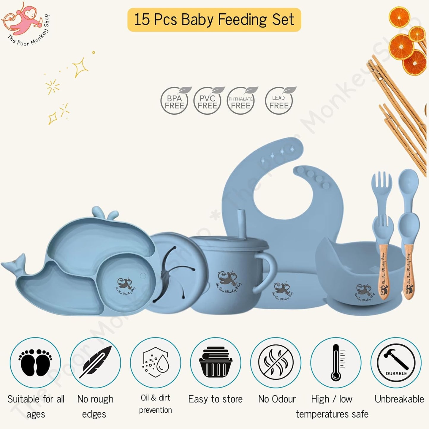 Poor-Monkey-Shop 15 Pc Baby Feeding Set | BPA-Free Food-Grade Silicone | Bib, Whale Shaped Suction Plate, Suction Bowl, Forks & Spoons, Cup, Fruit Feeder, and Much More | Safe for Babies & Toddlers