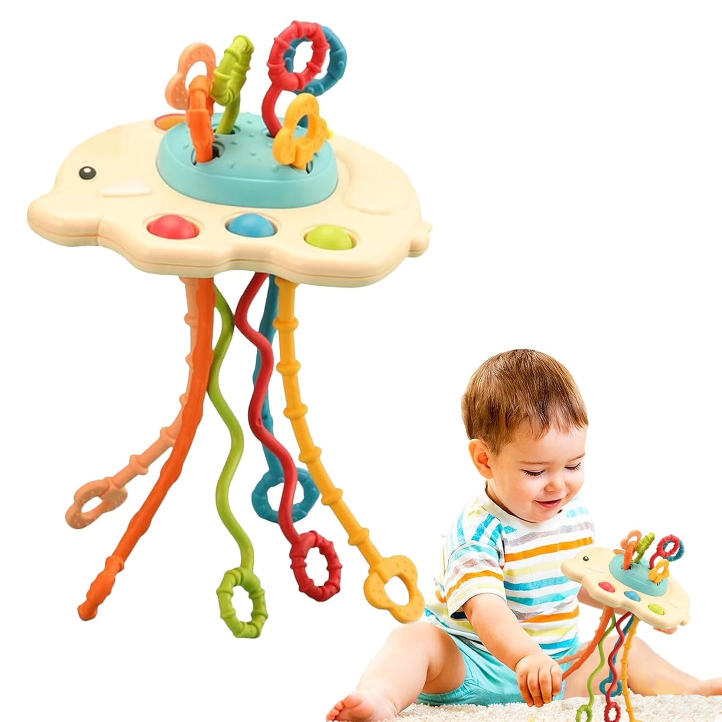 Kidology Pull String Teething Toy for Babies 6+ Months | Sensory Teether & Fine Motor Skills Activity | Montessori Toys for Baby Girls & Boys | Travel-Friendly, Food-Grade Silicone for Toddlers | UFO