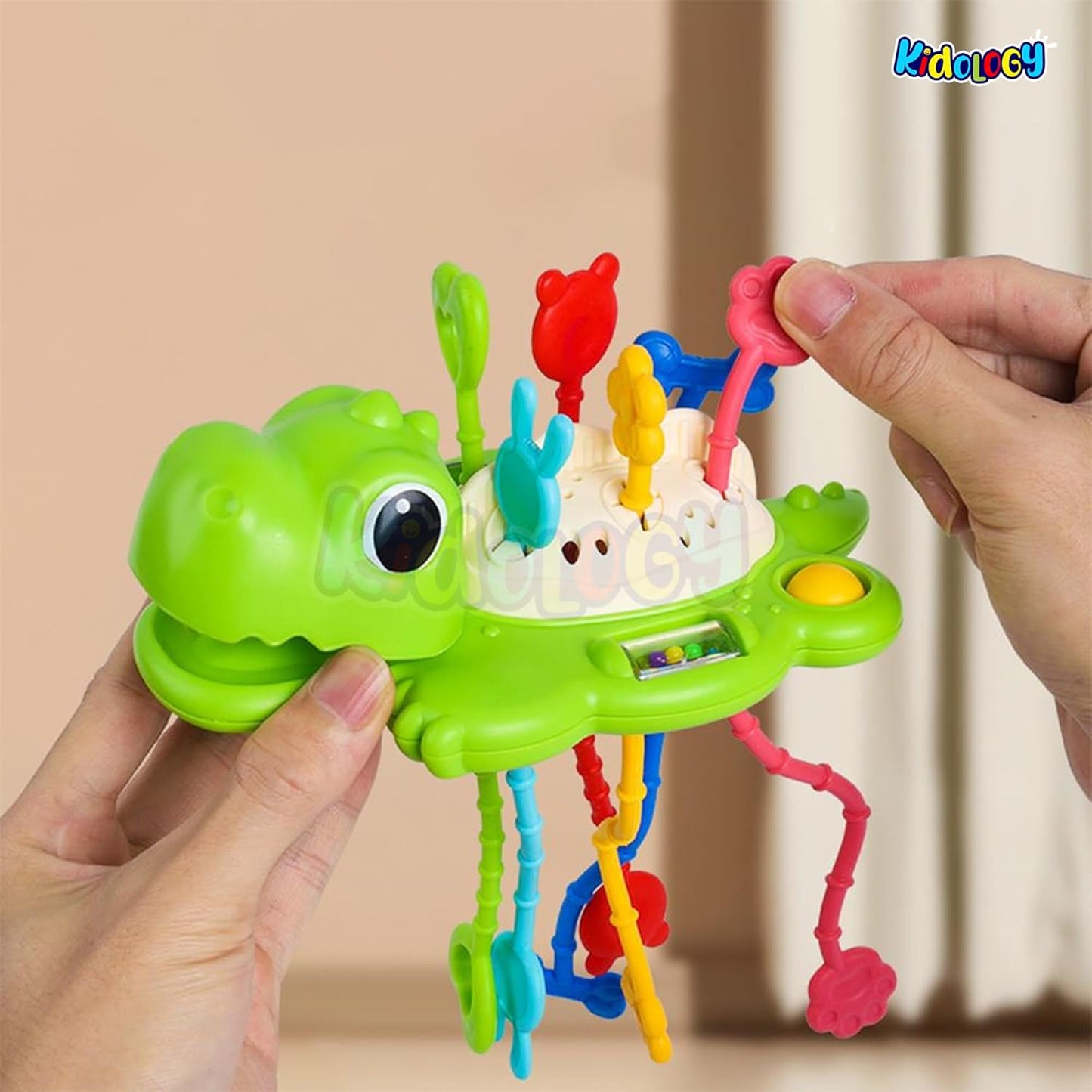 Kidology Pull String Teething Toy for Babies 6+ Months | Sensory Teether & Fine Motor Skills Activity | Montessori Toys for Baby Girls & Boys | Travel-Friendly, Food-Grade Silicone for Toddlers | UFO