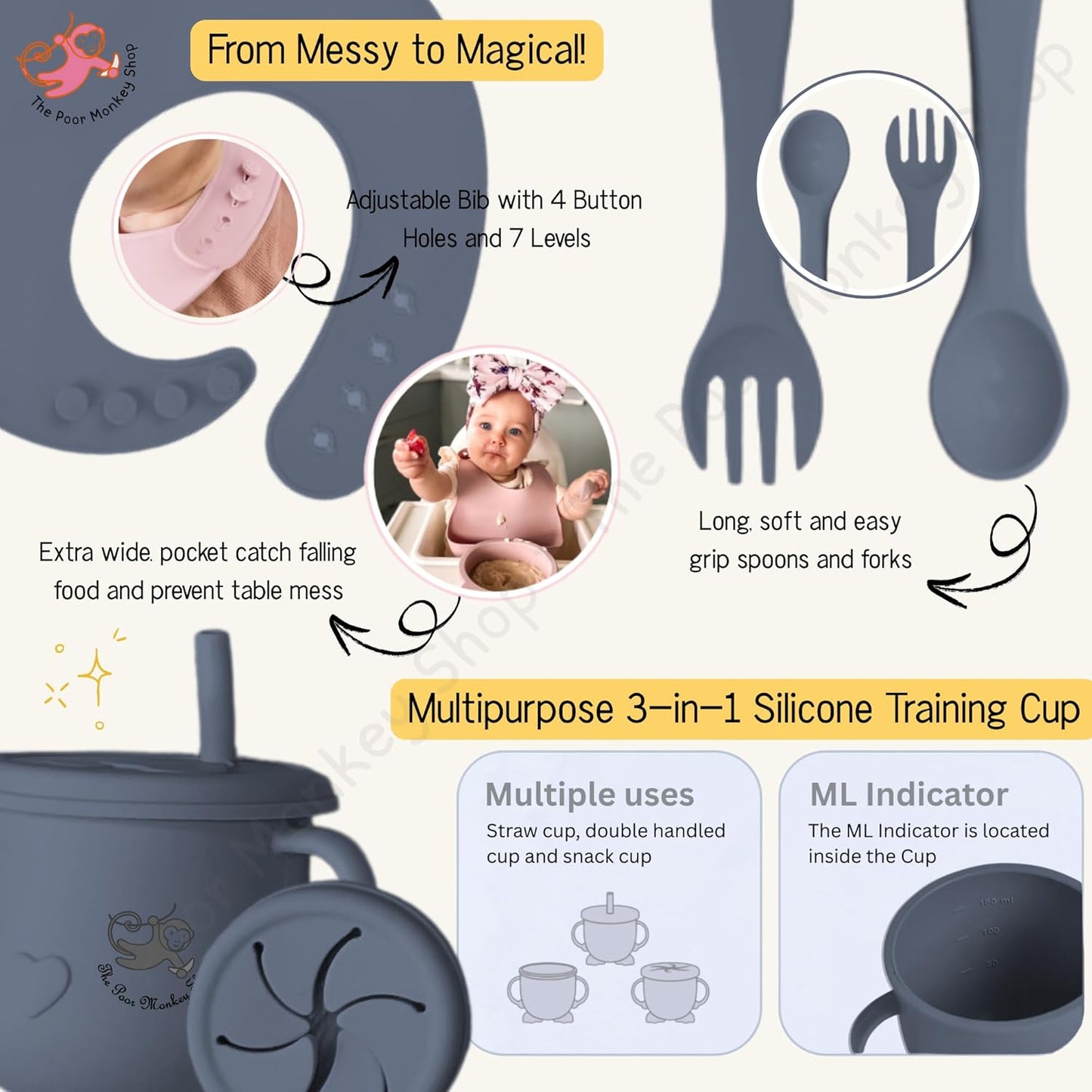 Poor-Monkey-Shop 15 Pc Baby Feeding Set | BPA-Free Food-Grade Silicone | Bib, Whale Shaped Suction Plate, Suction Bowl, Forks & Spoons, Cup, Fruit Feeder, and Much More | Safe for Babies & Toddlers