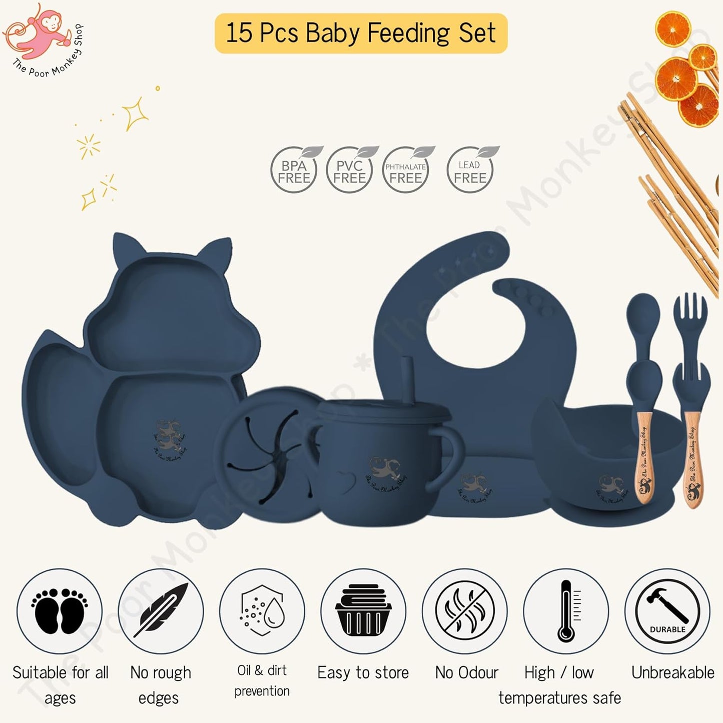 Poor-Monkey-Shop 15 Pc Baby Feeding Set | BPA-Free Food-Grade Silicone | Bib, Whale Shaped Suction Plate, Suction Bowl, Forks & Spoons, Cup, Fruit Feeder, and Much More | Safe for Babies & Toddlers