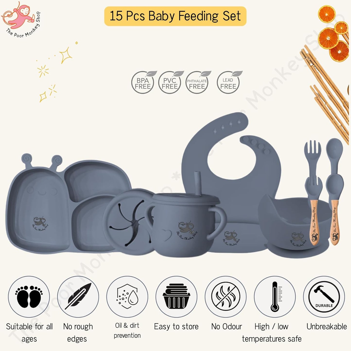 Poor-Monkey-Shop 15 Pc Baby Feeding Set | BPA-Free Food-Grade Silicone | Bib, Whale Shaped Suction Plate, Suction Bowl, Forks & Spoons, Cup, Fruit Feeder, and Much More | Safe for Babies & Toddlers