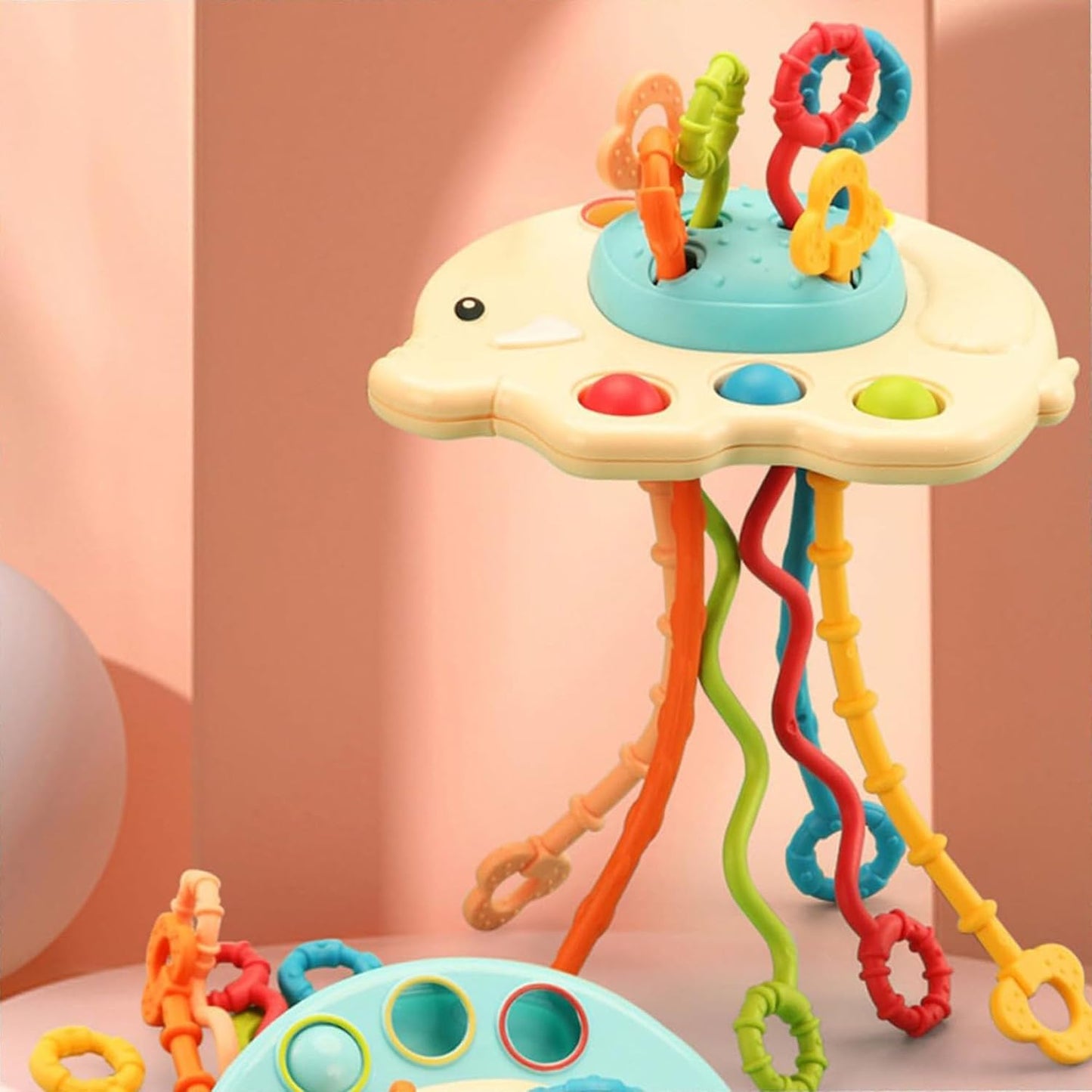 Kidology Pull String Teething Toy for Babies 6+ Months | Sensory Teether & Fine Motor Skills Activity | Montessori Toys for Baby Girls & Boys | Travel-Friendly, Food-Grade Silicone for Toddlers | UFO