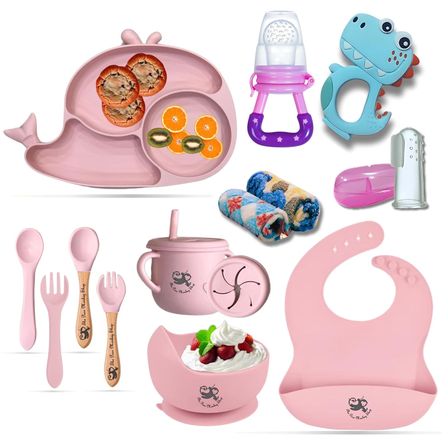 Poor-Monkey-Shop 15 Pc Baby Feeding Set | BPA-Free Food-Grade Silicone | Bib, Whale Shaped Suction Plate, Suction Bowl, Forks & Spoons, Cup, Fruit Feeder, and Much More | Safe for Babies & Toddlers