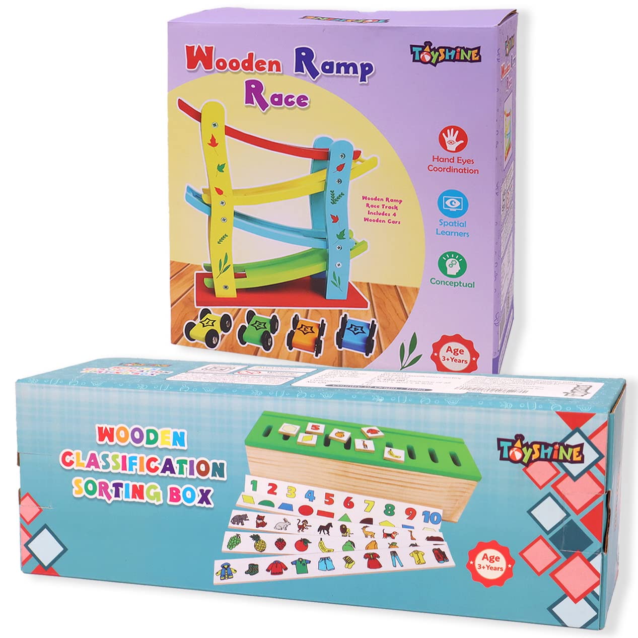 Toyshine Pack of 2 Wooden Monstessori Box | Wooden Classification Box and Ramp Race | Gift Present for 2-5 Years Boy Girl Toddler Toy