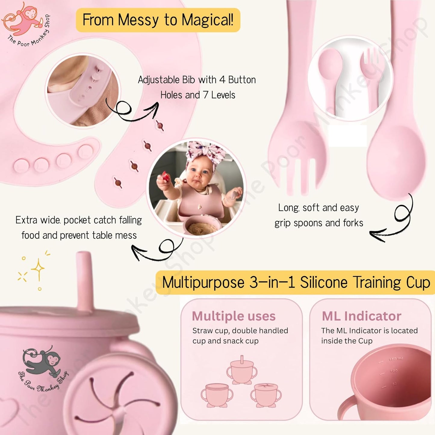 Poor-Monkey-Shop 15 Pc Baby Feeding Set | BPA-Free Food-Grade Silicone | Bib, Whale Shaped Suction Plate, Suction Bowl, Forks & Spoons, Cup, Fruit Feeder, and Much More | Safe for Babies & Toddlers