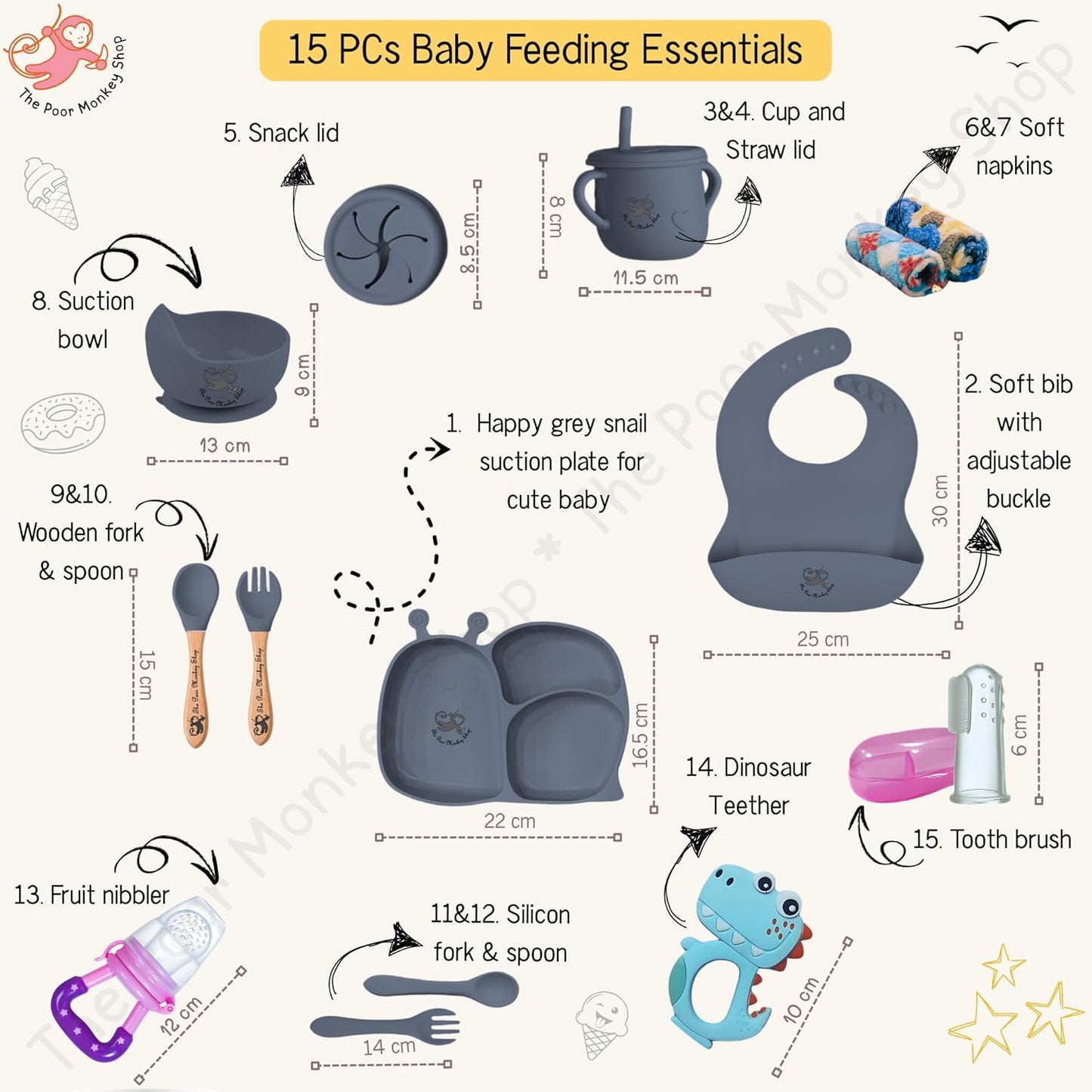 Poor-Monkey-Shop 15 Pc Baby Feeding Set | BPA-Free Food-Grade Silicone | Bib, Whale Shaped Suction Plate, Suction Bowl, Forks & Spoons, Cup, Fruit Feeder, and Much More | Safe for Babies & Toddlers