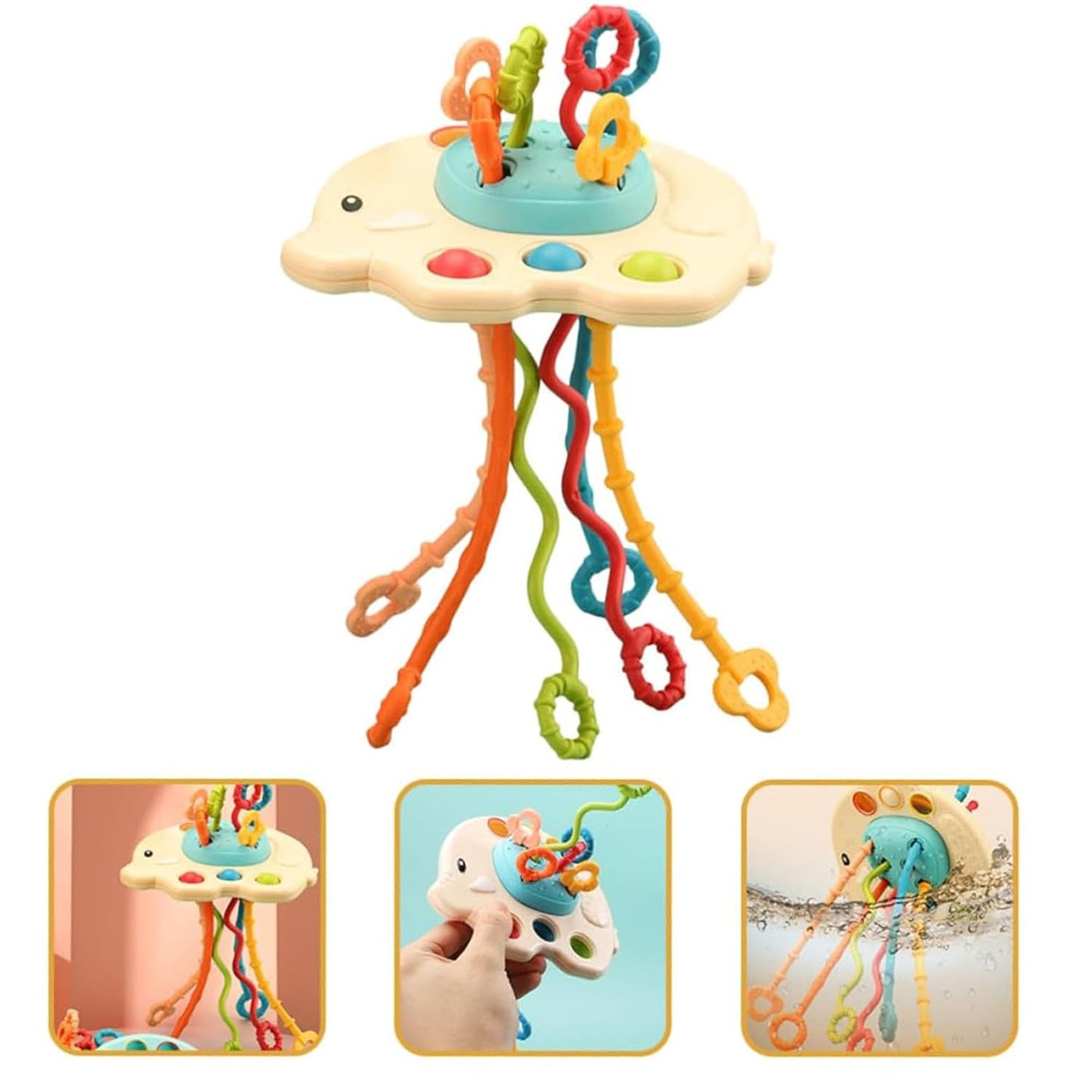 Kidology Pull String Teething Toy for Babies 6+ Months | Sensory Teether & Fine Motor Skills Activity | Montessori Toys for Baby Girls & Boys | Travel-Friendly, Food-Grade Silicone for Toddlers | UFO