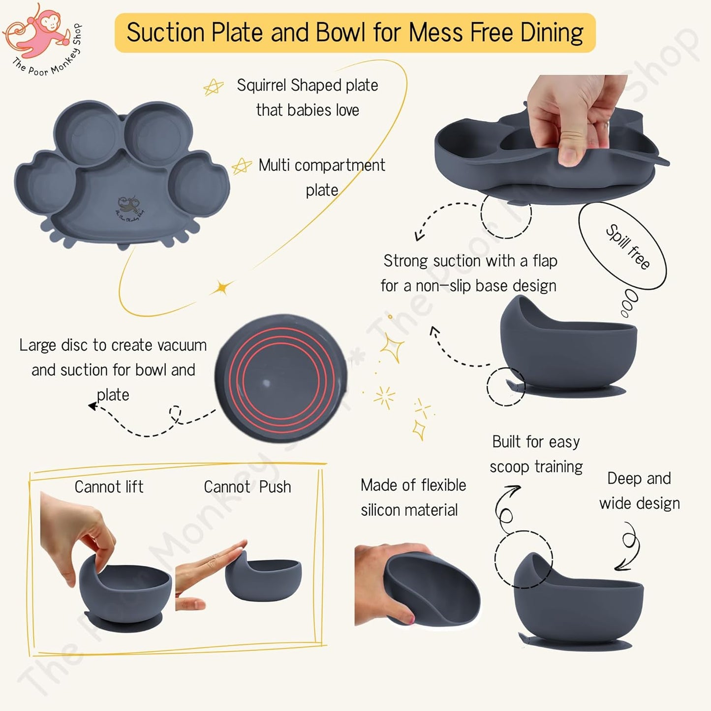 Poor-Monkey-Shop 15 Pc Baby Feeding Set | BPA-Free Food-Grade Silicone | Bib, Whale Shaped Suction Plate, Suction Bowl, Forks & Spoons, Cup, Fruit Feeder, and Much More | Safe for Babies & Toddlers