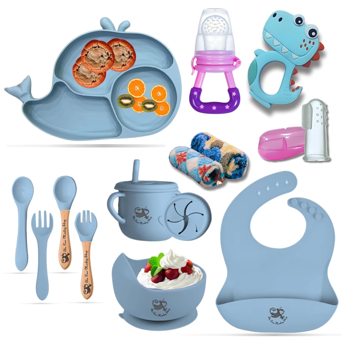 Poor-Monkey-Shop 15 Pc Baby Feeding Set | BPA-Free Food-Grade Silicone | Bib, Whale Shaped Suction Plate, Suction Bowl, Forks & Spoons, Cup, Fruit Feeder, and Much More | Safe for Babies & Toddlers