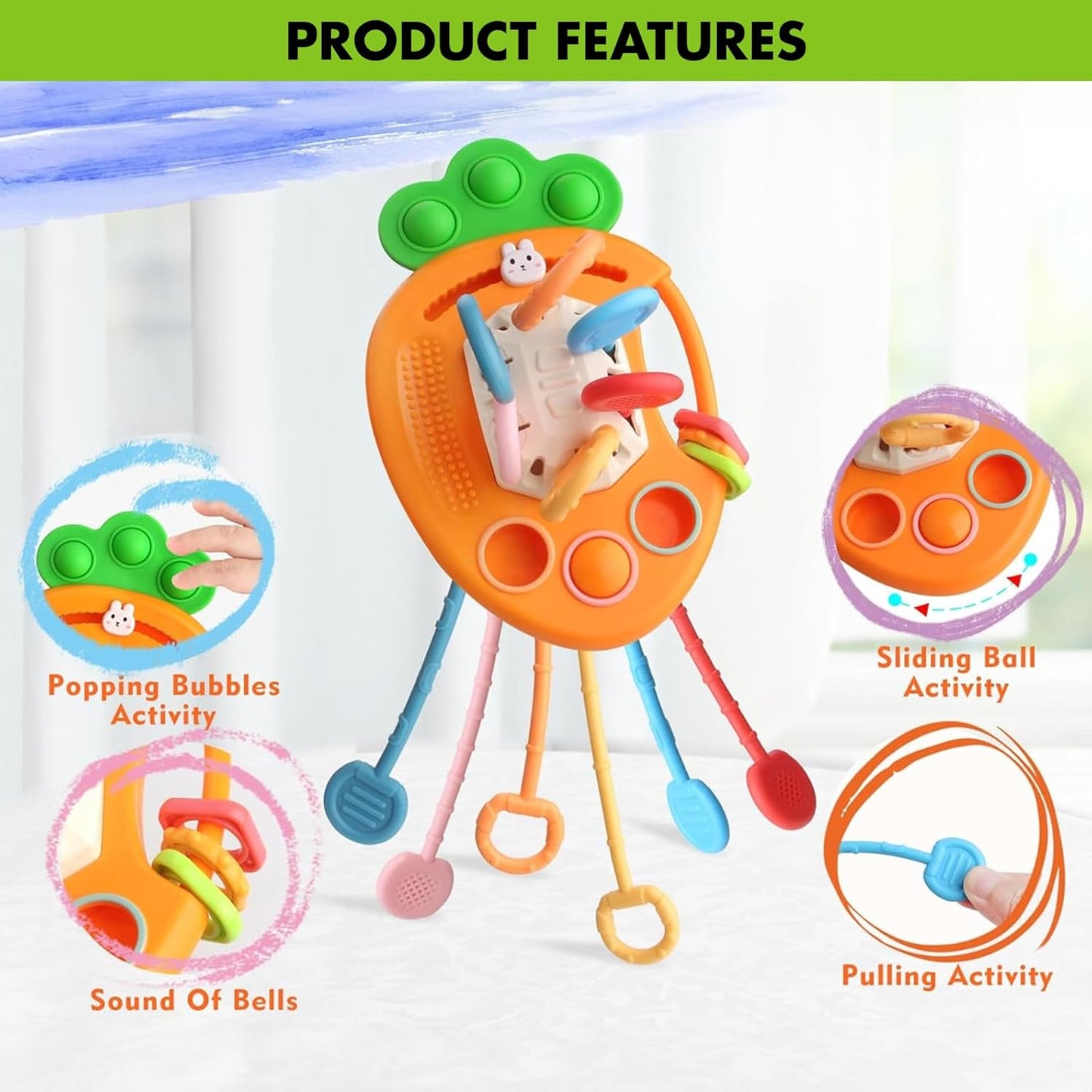 Kidology Pull String Teething Toy for Babies 6+ Months | Sensory Teether & Fine Motor Skills Activity | Montessori Toys for Baby Girls & Boys | Travel-Friendly, Food-Grade Silicone for Toddlers | UFO