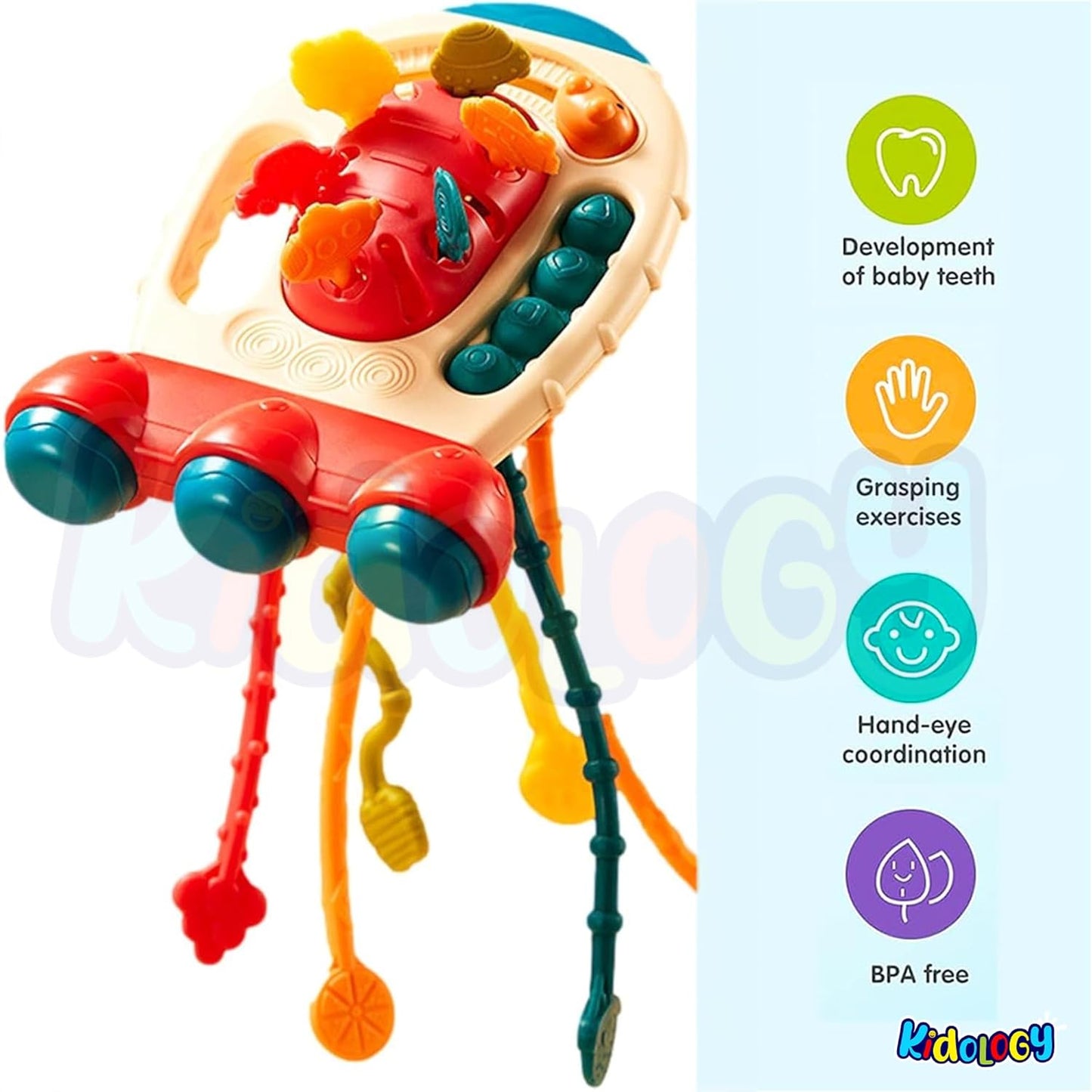 Kidology Pull String Teething Toy for Babies 6+ Months | Sensory Teether & Fine Motor Skills Activity | Montessori Toys for Baby Girls & Boys | Travel-Friendly, Food-Grade Silicone for Toddlers | UFO