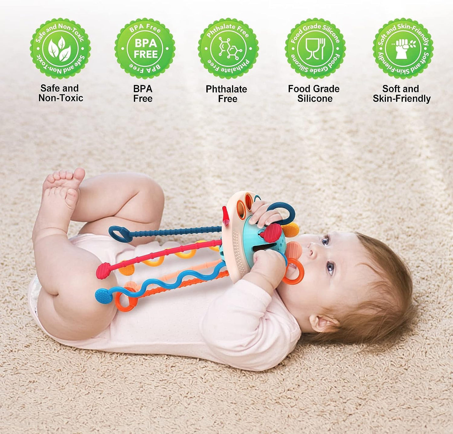 Kidology Pull String Teething Toy for Babies 6+ Months | Sensory Teether & Fine Motor Skills Activity | Montessori Toys for Baby Girls & Boys | Travel-Friendly, Food-Grade Silicone for Toddlers | UFO