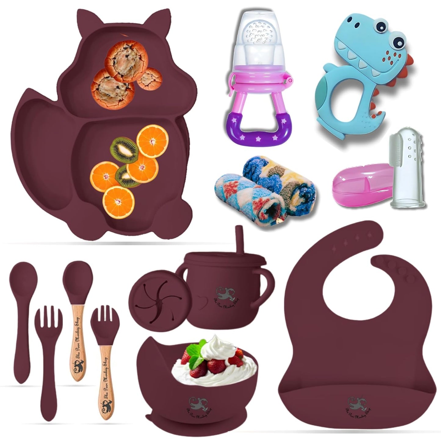 Poor-Monkey-Shop 15 Pc Baby Feeding Set | BPA-Free Food-Grade Silicone | Bib, Whale Shaped Suction Plate, Suction Bowl, Forks & Spoons, Cup, Fruit Feeder, and Much More | Safe for Babies & Toddlers