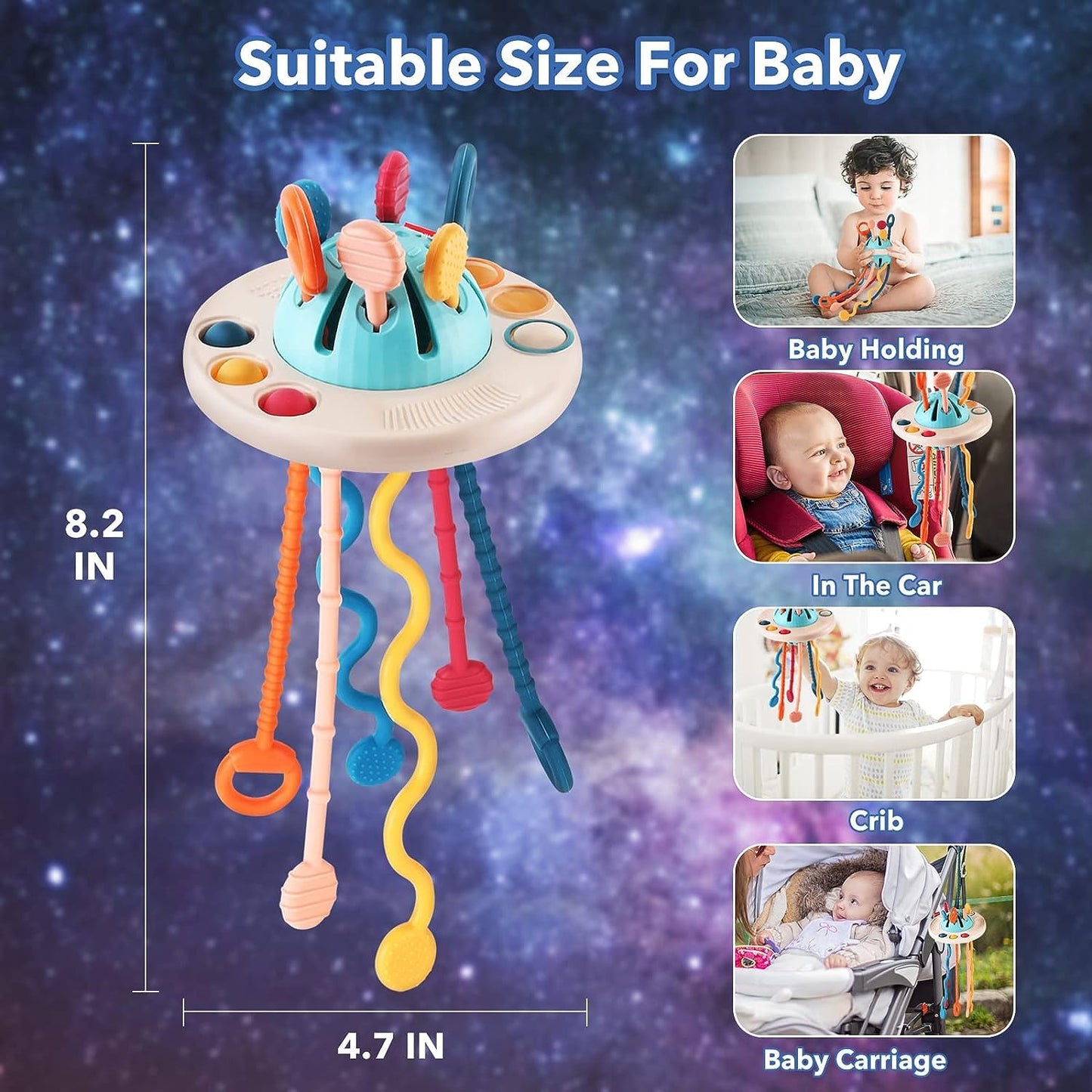 Kidology Pull String Teething Toy for Babies 6+ Months | Sensory Teether & Fine Motor Skills Activity | Montessori Toys for Baby Girls & Boys | Travel-Friendly, Food-Grade Silicone for Toddlers | UFO