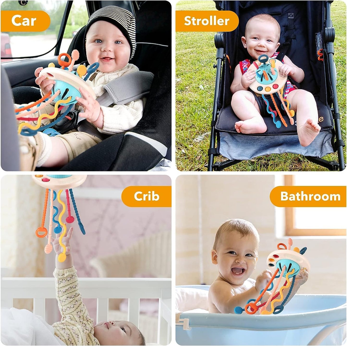Kidology Pull String Teething Toy for Babies 6+ Months | Sensory Teether & Fine Motor Skills Activity | Montessori Toys for Baby Girls & Boys | Travel-Friendly, Food-Grade Silicone for Toddlers | UFO