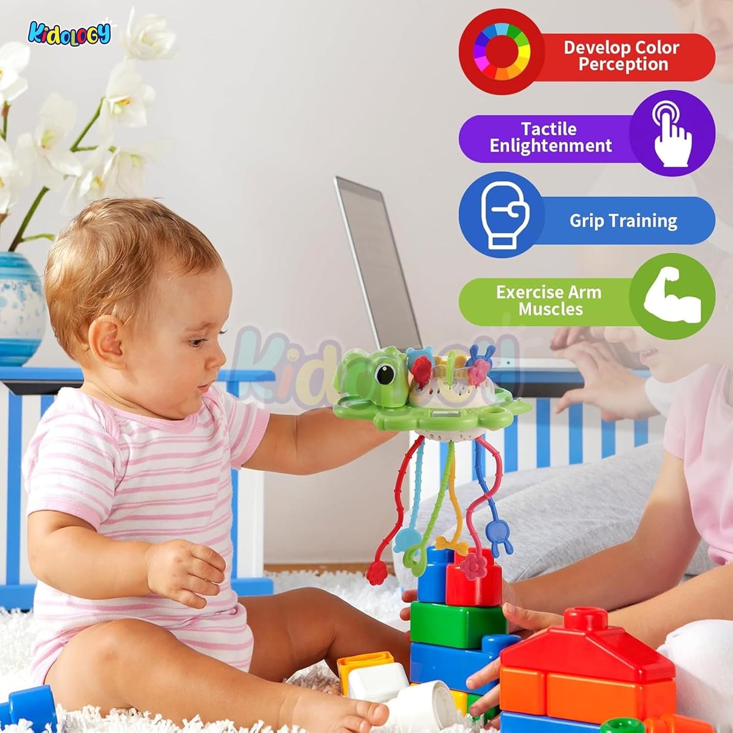 Kidology Pull String Teething Toy for Babies 6+ Months | Sensory Teether & Fine Motor Skills Activity | Montessori Toys for Baby Girls & Boys | Travel-Friendly, Food-Grade Silicone for Toddlers | UFO