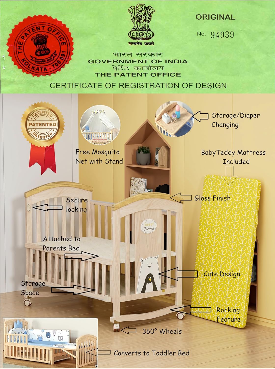 BabyTeddy® 12 in 1 Patented Multifunctional Baby Crib, Baby Cot, Toddler Bed,Cradle Rocker,Convertible Desk,Kid’s Sofa with Mattress and Designer Mosquito Net,Diaper Changing Station