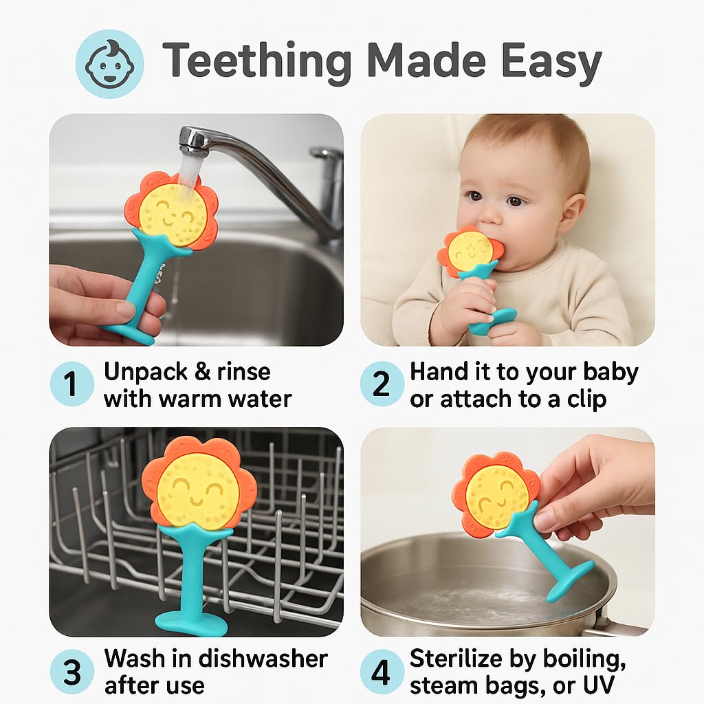 Shark Doo Doo® Teether Toy for 2+ Months Baby (Sun Teether) – BPA-Free Silicone Teether for Infants & Toddlers – Soft, Textured, Gum Soothing – Safe, One-Piece Mold for Teething Relief