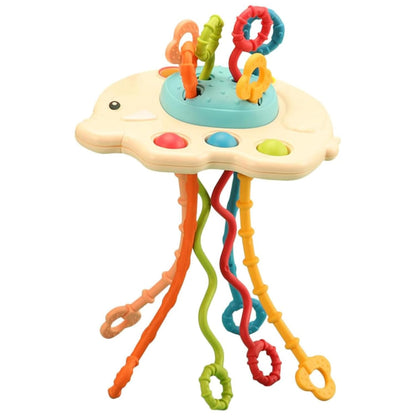 Kidology Pull String Teething Toy for Babies 6+ Months | Sensory Teether & Fine Motor Skills Activity | Montessori Toys for Baby Girls & Boys | Travel-Friendly, Food-Grade Silicone for Toddlers | UFO