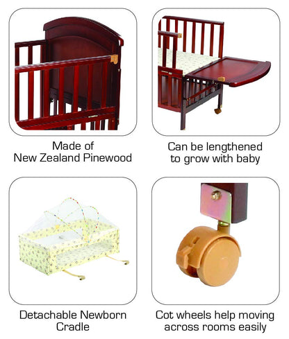 LuvLap C-50 Baby Wooden Cot with Mosquito Net, EN certified Baby Furniture suitable for new born to 12 month, without mattress (Cherry Red)