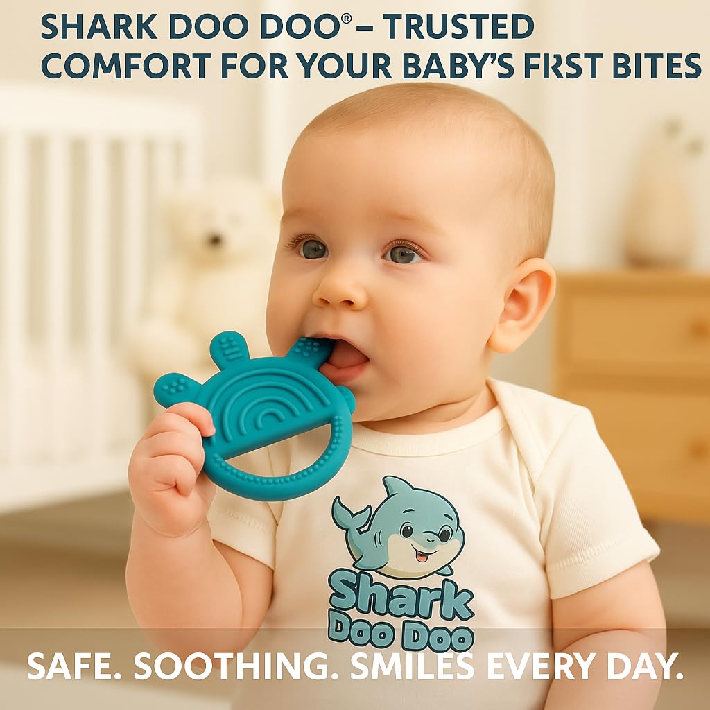 Shark Doo Doo® Teether Toy for 2+ Months Baby (Sun Teether) – BPA-Free Silicone Teether for Infants & Toddlers – Soft, Textured, Gum Soothing – Safe, One-Piece Mold for Teething Relief