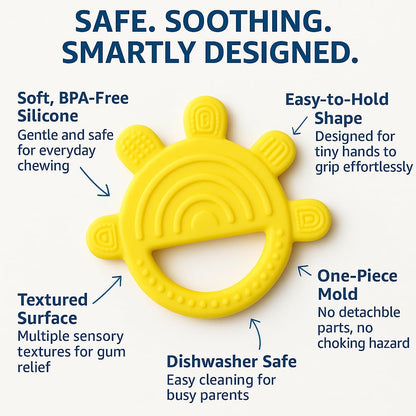 Shark Doo Doo® Teether Toy for 2+ Months Baby (Sun Teether) – BPA-Free Silicone Teether for Infants & Toddlers – Soft, Textured, Gum Soothing – Safe, One-Piece Mold for Teething Relief