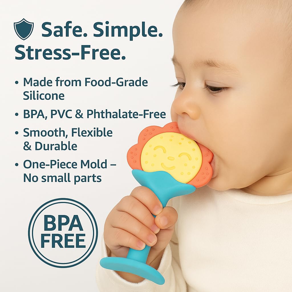 Shark Doo Doo® Teether Toy for 2+ Months Baby (Sun Teether) – BPA-Free Silicone Teether for Infants & Toddlers – Soft, Textured, Gum Soothing – Safe, One-Piece Mold for Teething Relief