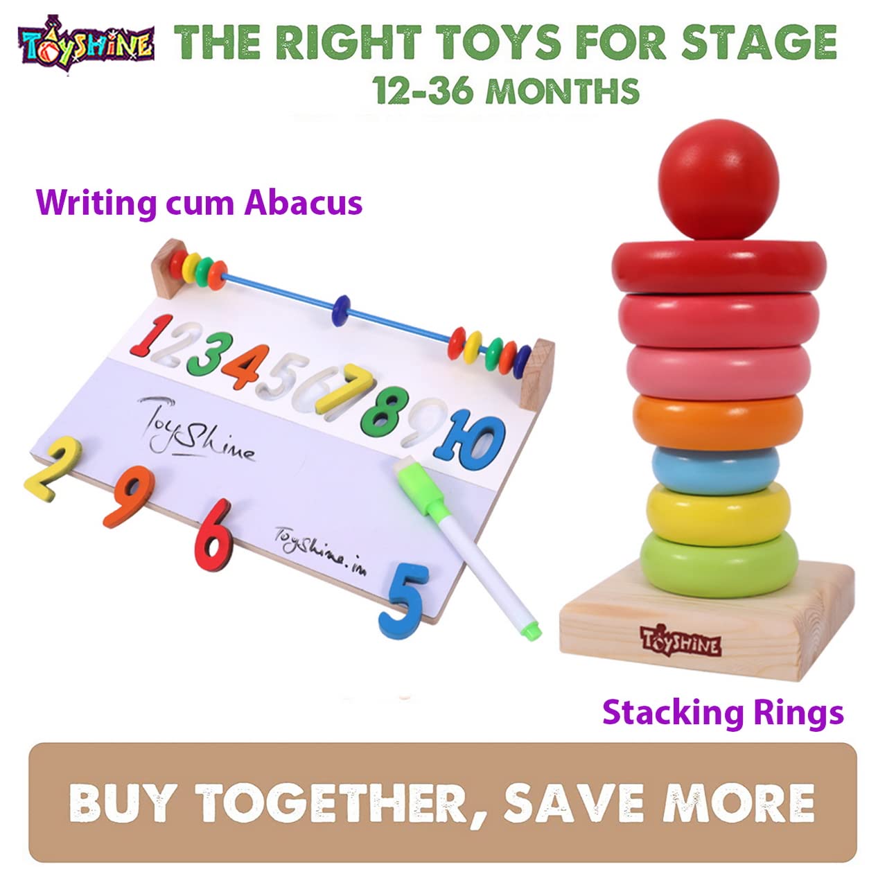Toyshine Pack of 2 Wooden Monstessori Box | Rainbow Ring Stacker and Writing Board | Gift Present for 2-5 Years Boy Girl Toddler Toy