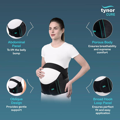 TYNOR Pregnancy Support | Maternity Belt for Lower Back Pain Relief & Posture Support | Adjustable, Comfortable Design for Pregnent Women | Pack of 1 (Black, Large)