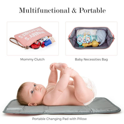 Dravina Diaper Bag for Moms, 5-Piece Set with Changing Pad, Pacifier Holder, 2 Storage Pouches & Luggage Sleeve, Stylish Maternity Backpack for Travel, Baby Essentials Organizer