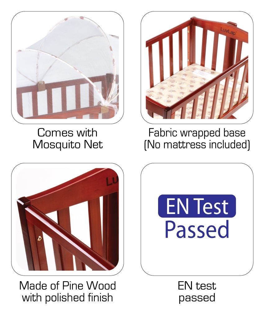 LuvLap C-50 Baby Wooden Cot with Mosquito Net, EN certified Baby Furniture suitable for new born to 12 month, without mattress (Cherry Red)