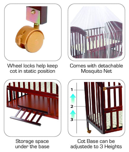 LuvLap C-50 Baby Wooden Cot with Mosquito Net, EN certified Baby Furniture suitable for new born to 12 month, without mattress (Cherry Red)