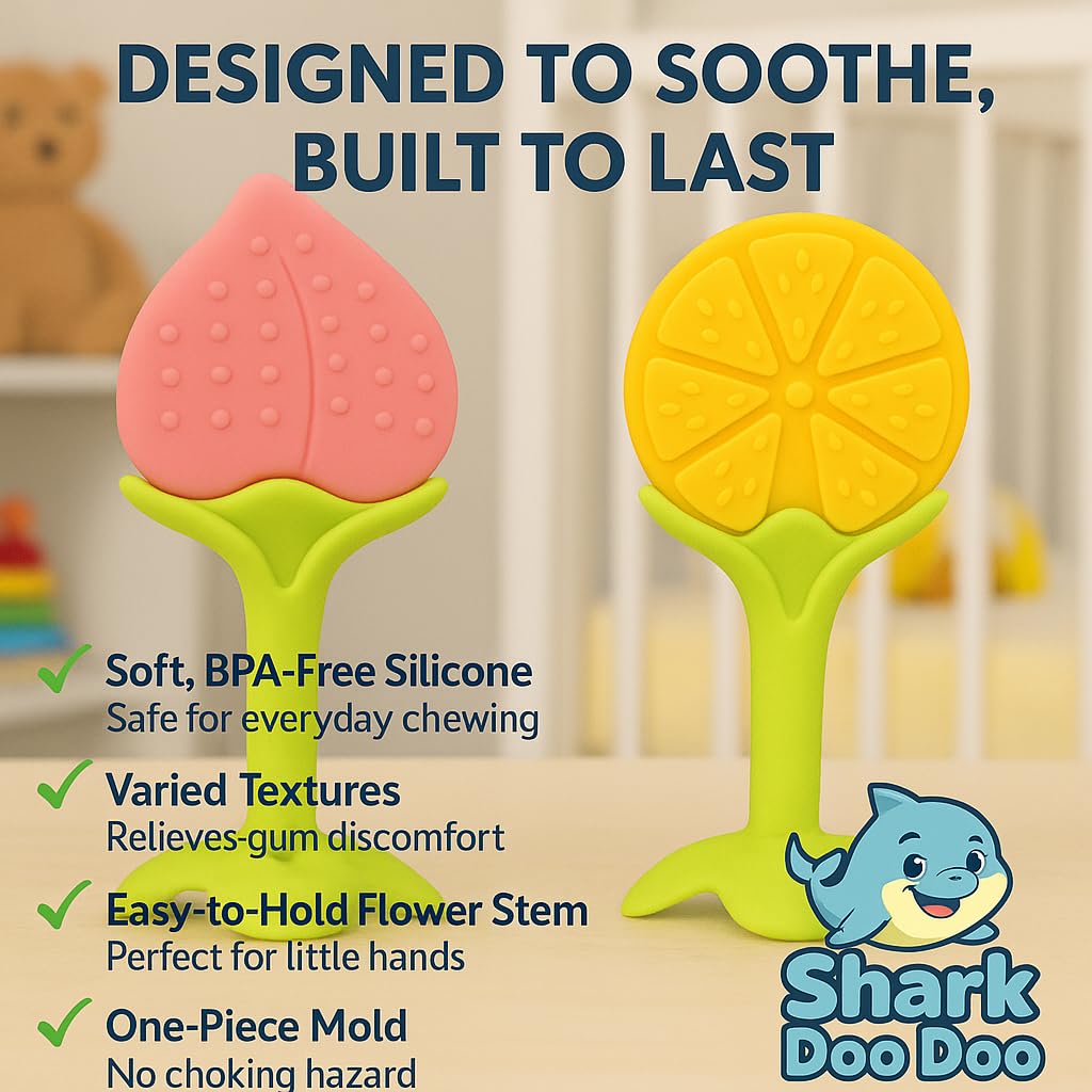 Shark Doo Doo® Teether Toy for 2+ Months Baby (Sun Teether) – BPA-Free Silicone Teether for Infants & Toddlers – Soft, Textured, Gum Soothing – Safe, One-Piece Mold for Teething Relief