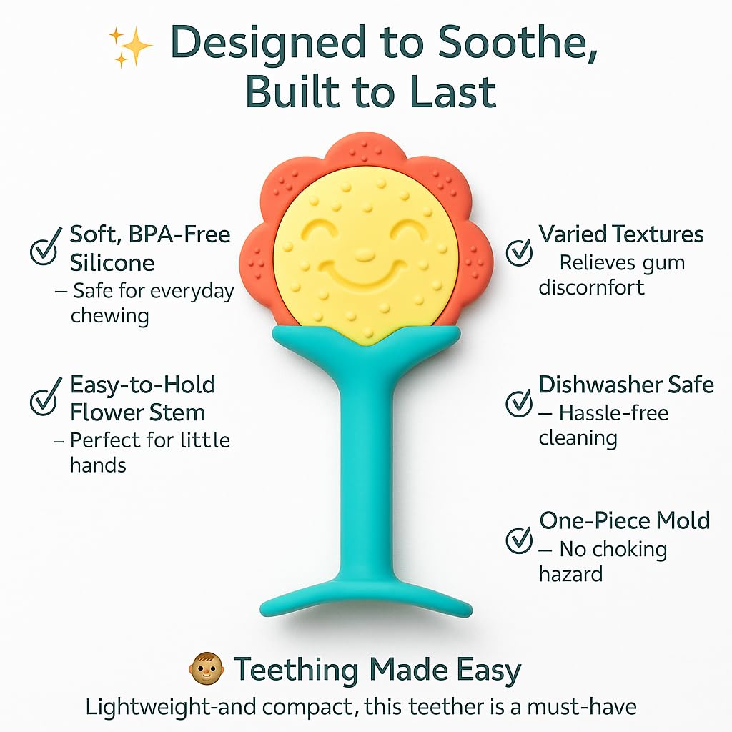 Shark Doo Doo® Teether Toy for 2+ Months Baby (Sun Teether) – BPA-Free Silicone Teether for Infants & Toddlers – Soft, Textured, Gum Soothing – Safe, One-Piece Mold for Teething Relief