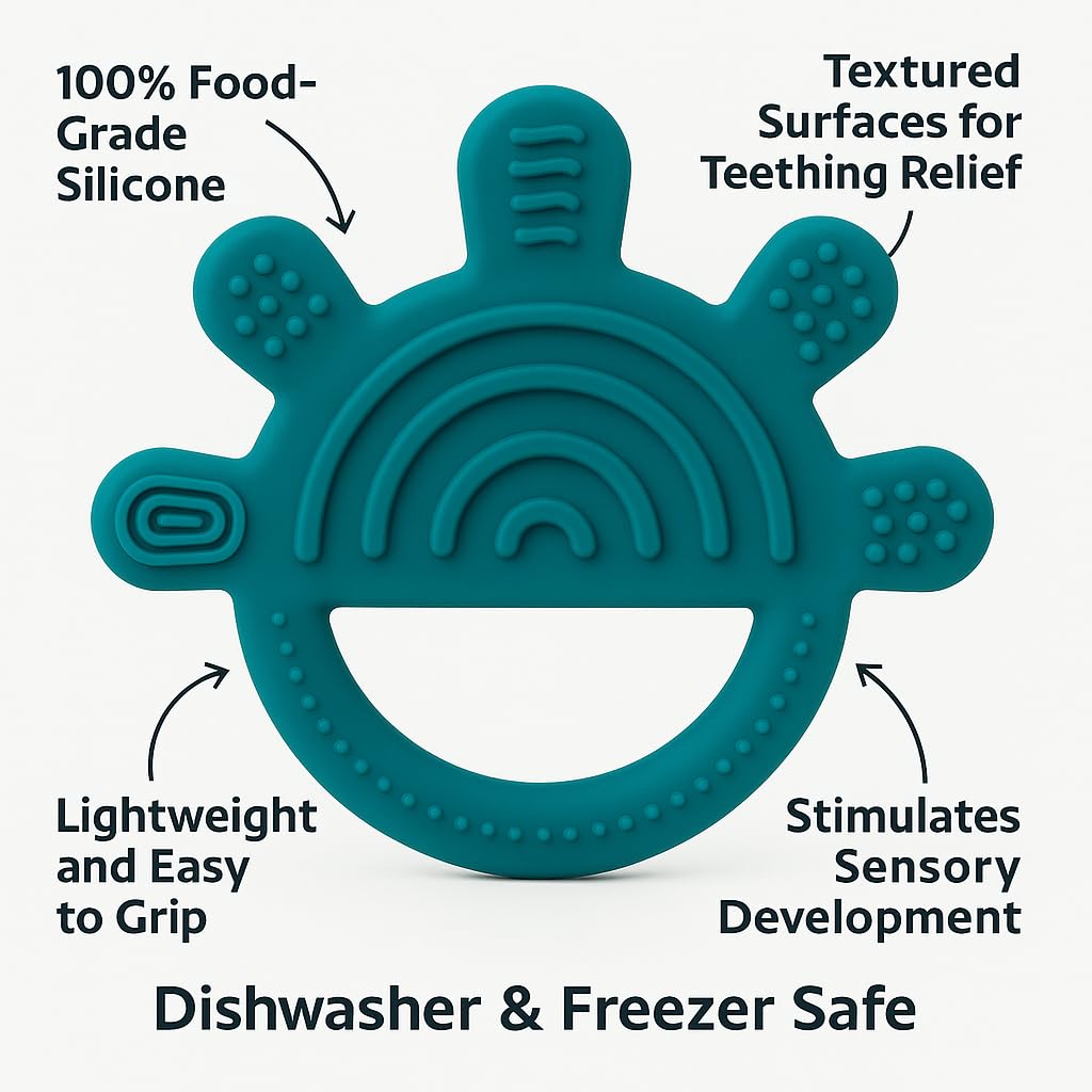 Shark Doo Doo® Teether Toy for 2+ Months Baby (Sun Teether) – BPA-Free Silicone Teether for Infants & Toddlers – Soft, Textured, Gum Soothing – Safe, One-Piece Mold for Teething Relief