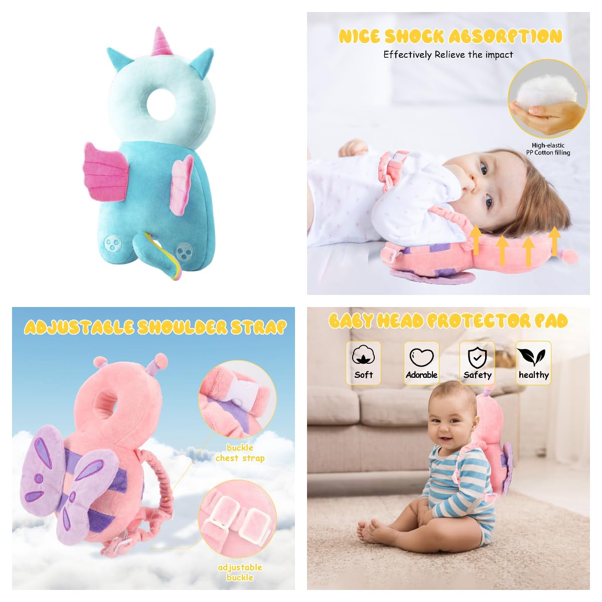 Baby Head Protection Backpack - Soft & Comfortable, Cute Cartoon Design, Pink Butterfly