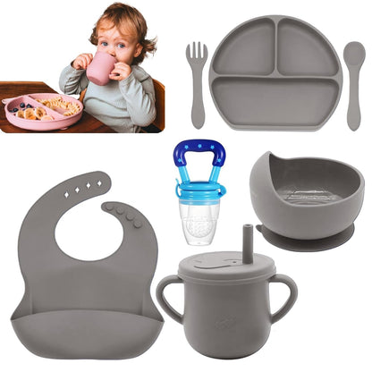 9 Pcs Silicone Baby Feeding Set Bpa-Free,Microwave Safe, Anti-Slip Base | Complete Tableware Kit for Babies & Toddlers with Suction Plate, Bowl, Cup, Spoon, Fork & Bib Multi-Color