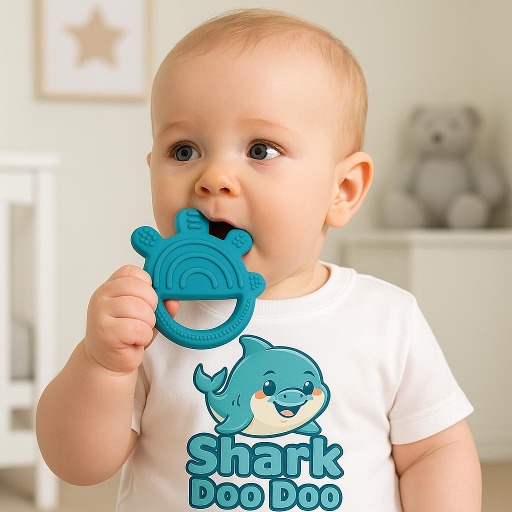 Shark Doo Doo® Teether Toy for 2+ Months Baby (Sun Teether) – BPA-Free Silicone Teether for Infants & Toddlers – Soft, Textured, Gum Soothing – Safe, One-Piece Mold for Teething Relief