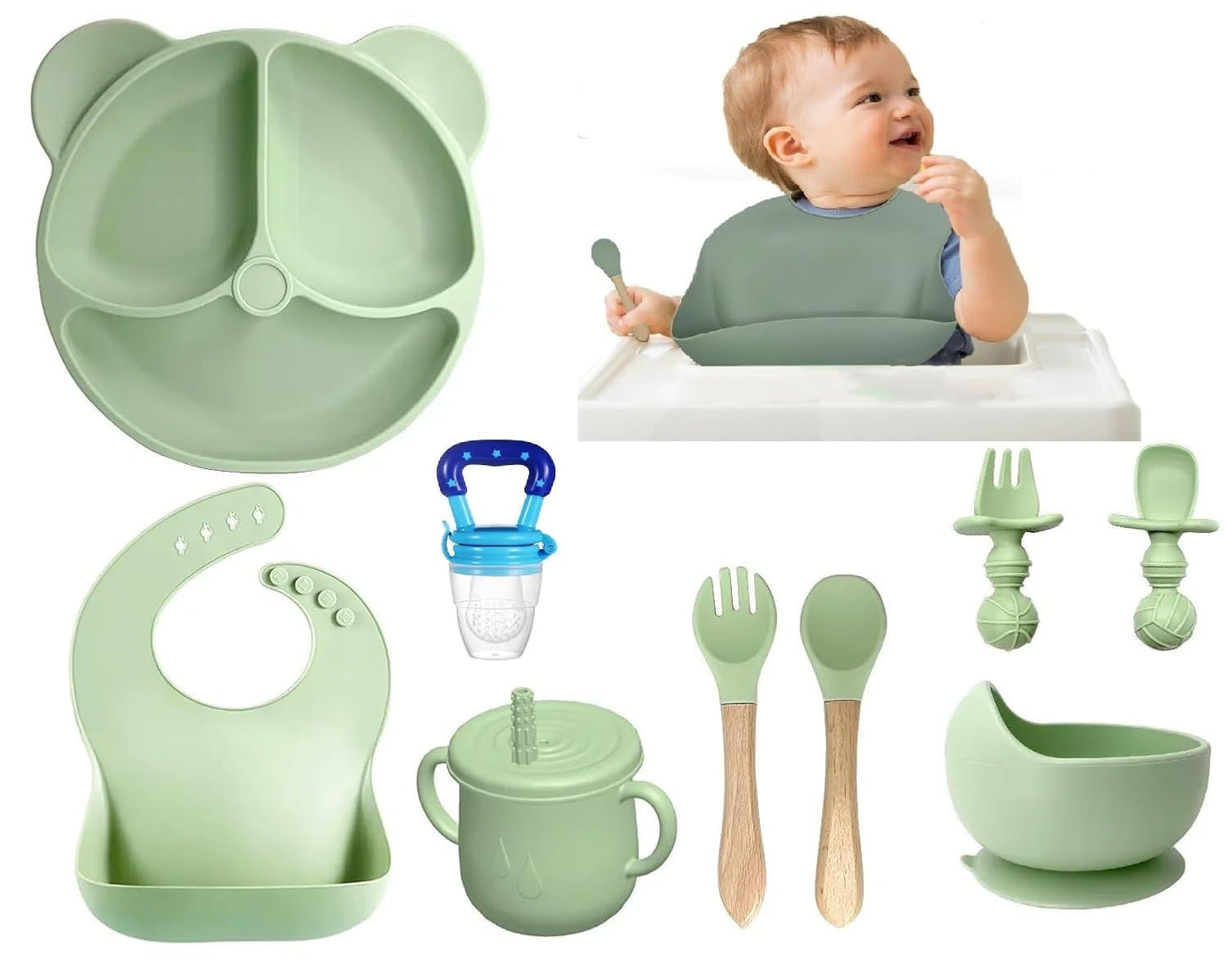 9 Pcs Silicone Baby Feeding Set Bpa-Free,Microwave Safe, Anti-Slip Base | Complete Tableware Kit for Babies & Toddlers with Suction Plate, Bowl, Cup, Spoon, Fork & Bib Multi-Color
