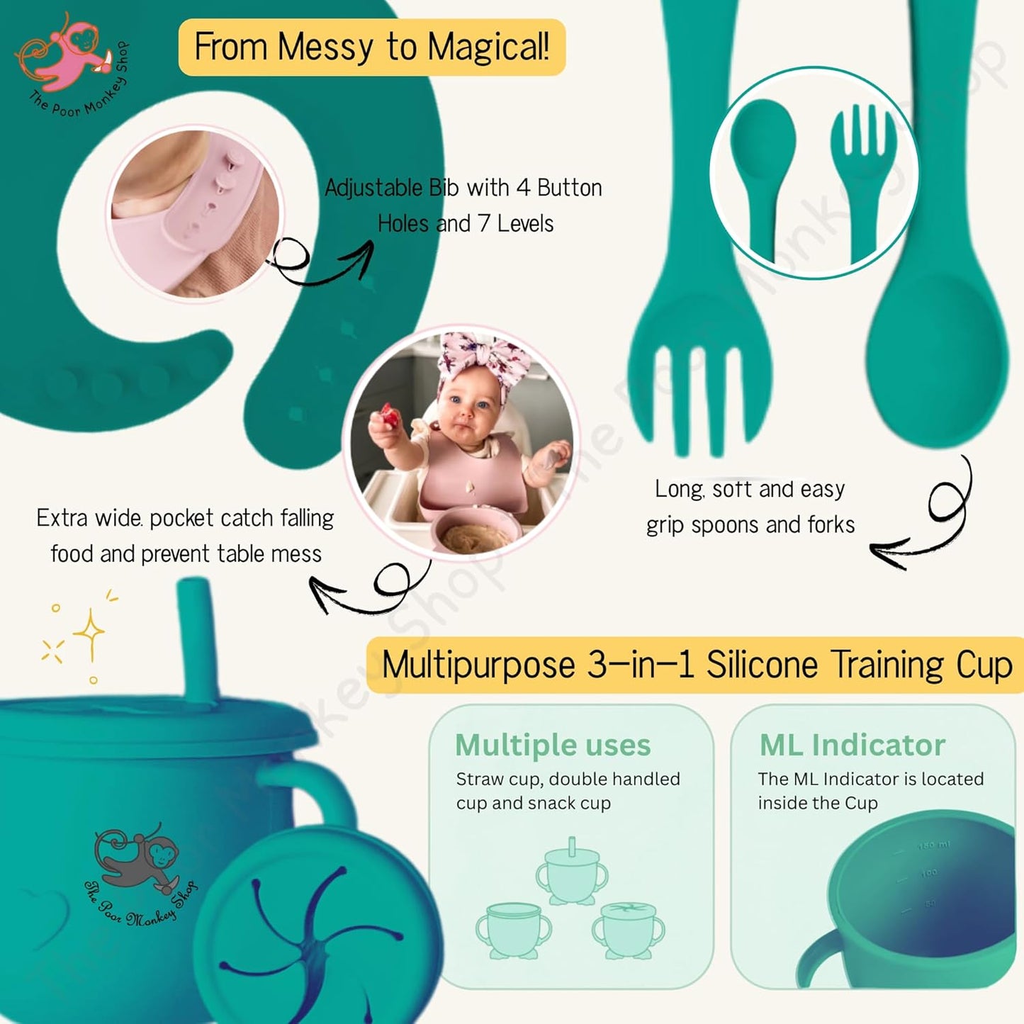Poor-Monkey-Shop 15 Pc Baby Feeding Set | BPA-Free Food-Grade Silicone | Bib, Whale Shaped Suction Plate, Suction Bowl, Forks & Spoons, Cup, Fruit Feeder, and Much More | Safe for Babies & Toddlers
