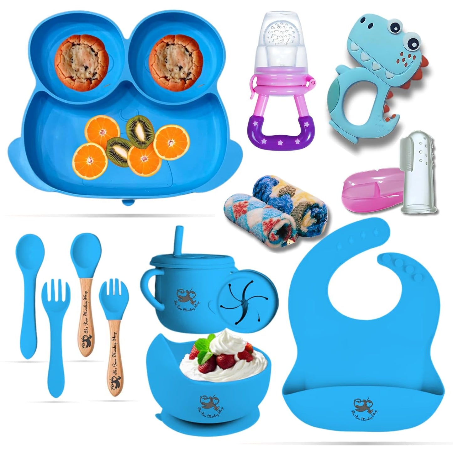Poor-Monkey-Shop 15 Pc Baby Feeding Set | BPA-Free Food-Grade Silicone | Bib, Whale Shaped Suction Plate, Suction Bowl, Forks & Spoons, Cup, Fruit Feeder, and Much More | Safe for Babies & Toddlers