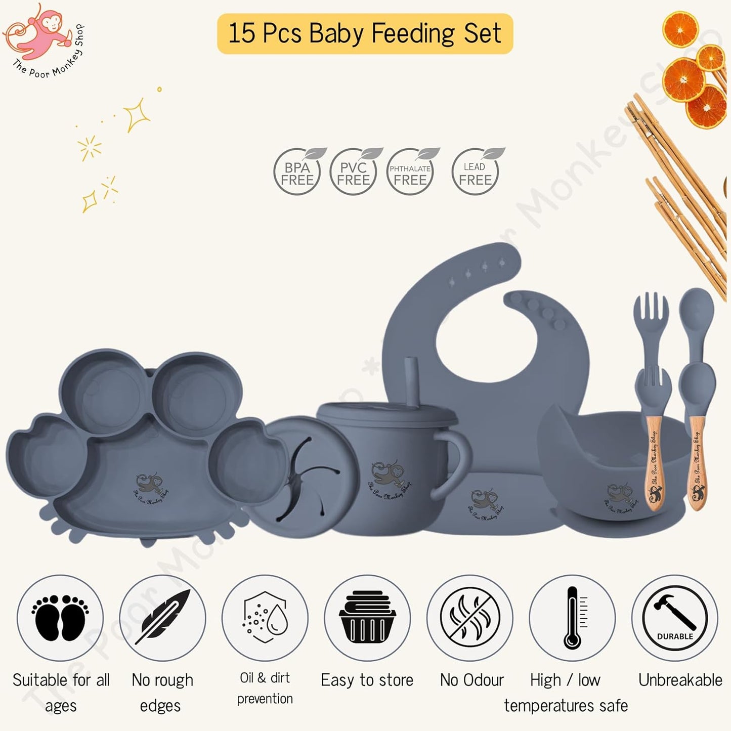 Poor-Monkey-Shop 15 Pc Baby Feeding Set | BPA-Free Food-Grade Silicone | Bib, Whale Shaped Suction Plate, Suction Bowl, Forks & Spoons, Cup, Fruit Feeder, and Much More | Safe for Babies & Toddlers