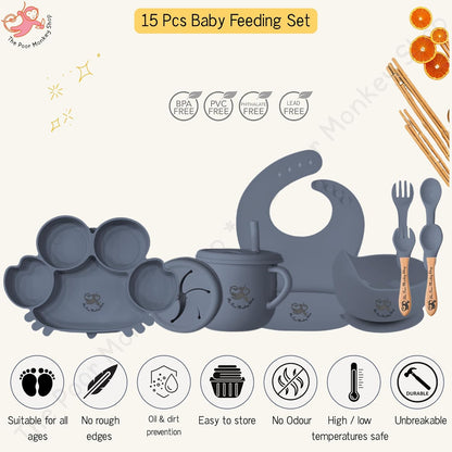 Poor-Monkey-Shop 15 Pc Baby Feeding Set | BPA-Free Food-Grade Silicone | Bib, Whale Shaped Suction Plate, Suction Bowl, Forks & Spoons, Cup, Fruit Feeder, and Much More | Safe for Babies & Toddlers